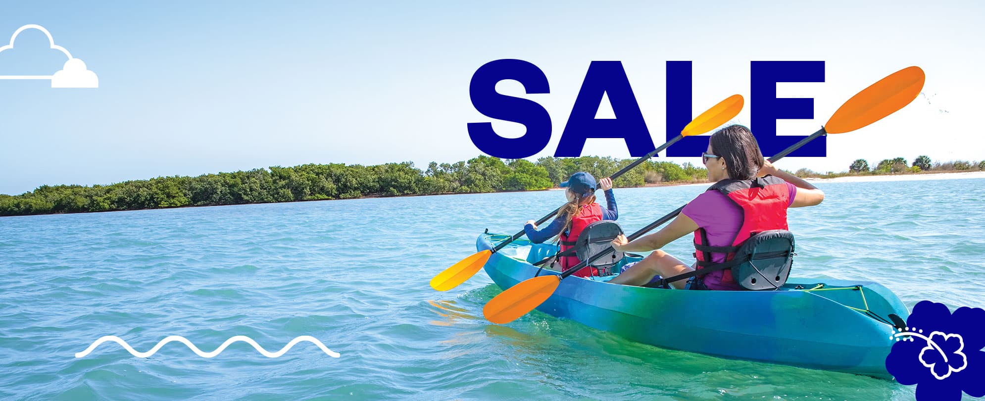 A banner with cloud and flower graphics with a mother and daughter paddling in a blue kayak with the word SALE above them for the spring booking campaign.  